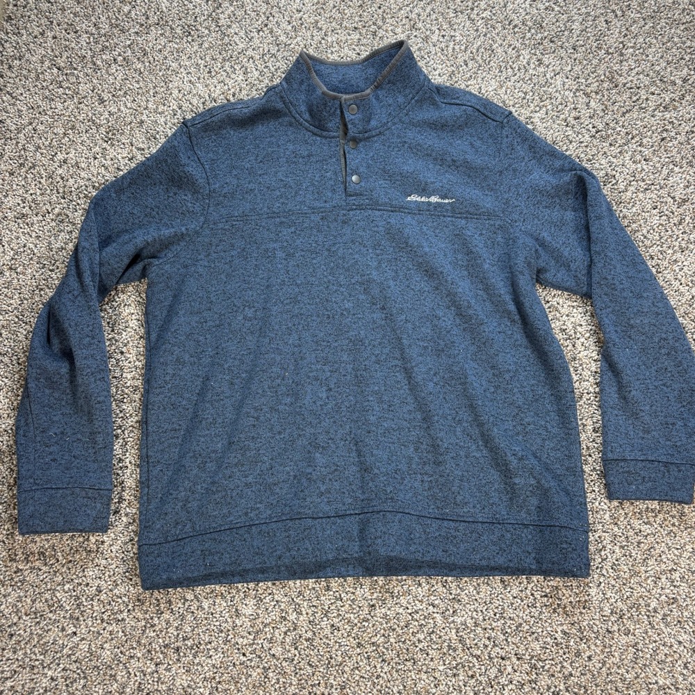 Eddie Bauer Men's XXL Blue Marl Snap Neck Fleece Pullover Sweater Mock Neck